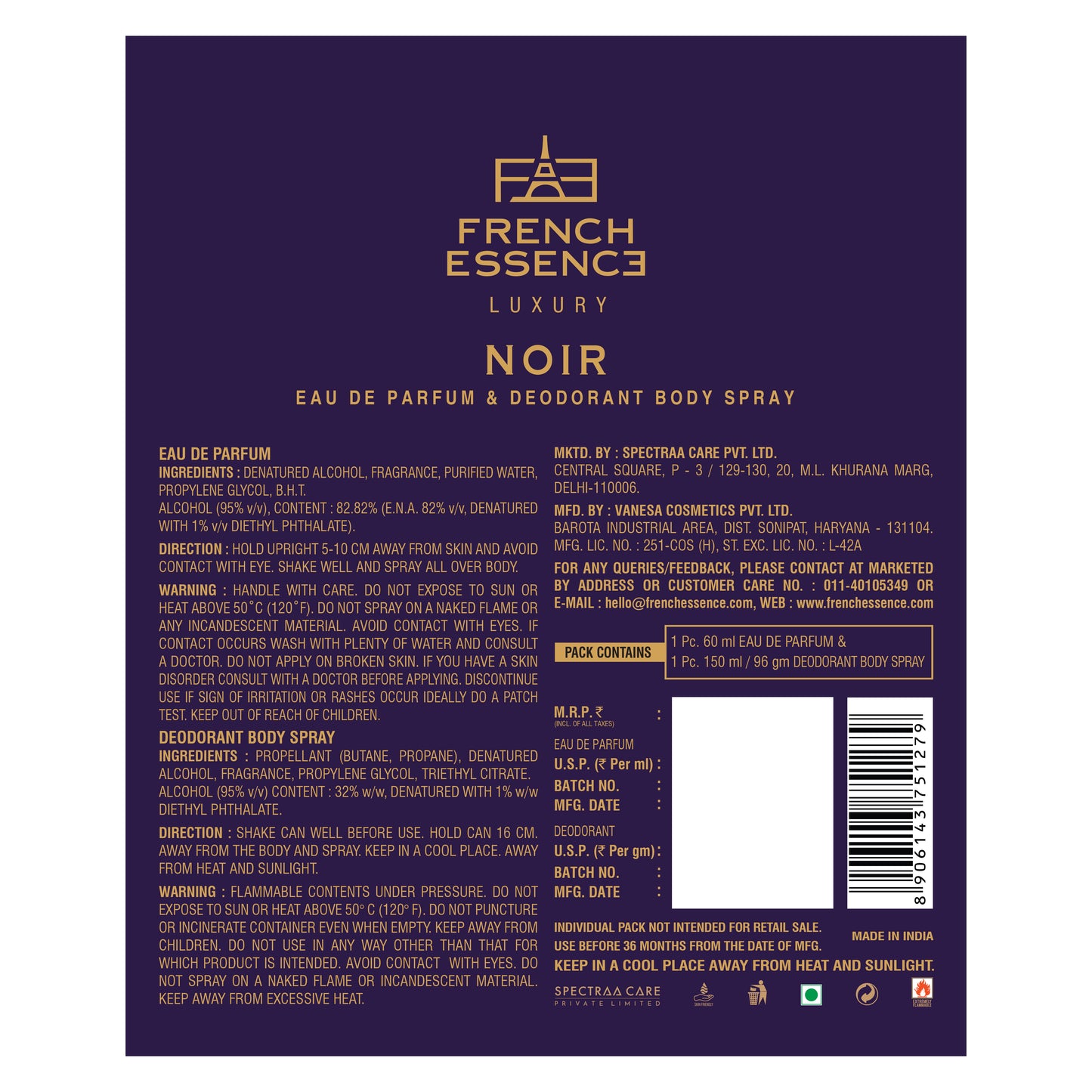 Noir Men Perfume (60ml) & Deodorant (150ml) Combo Pack