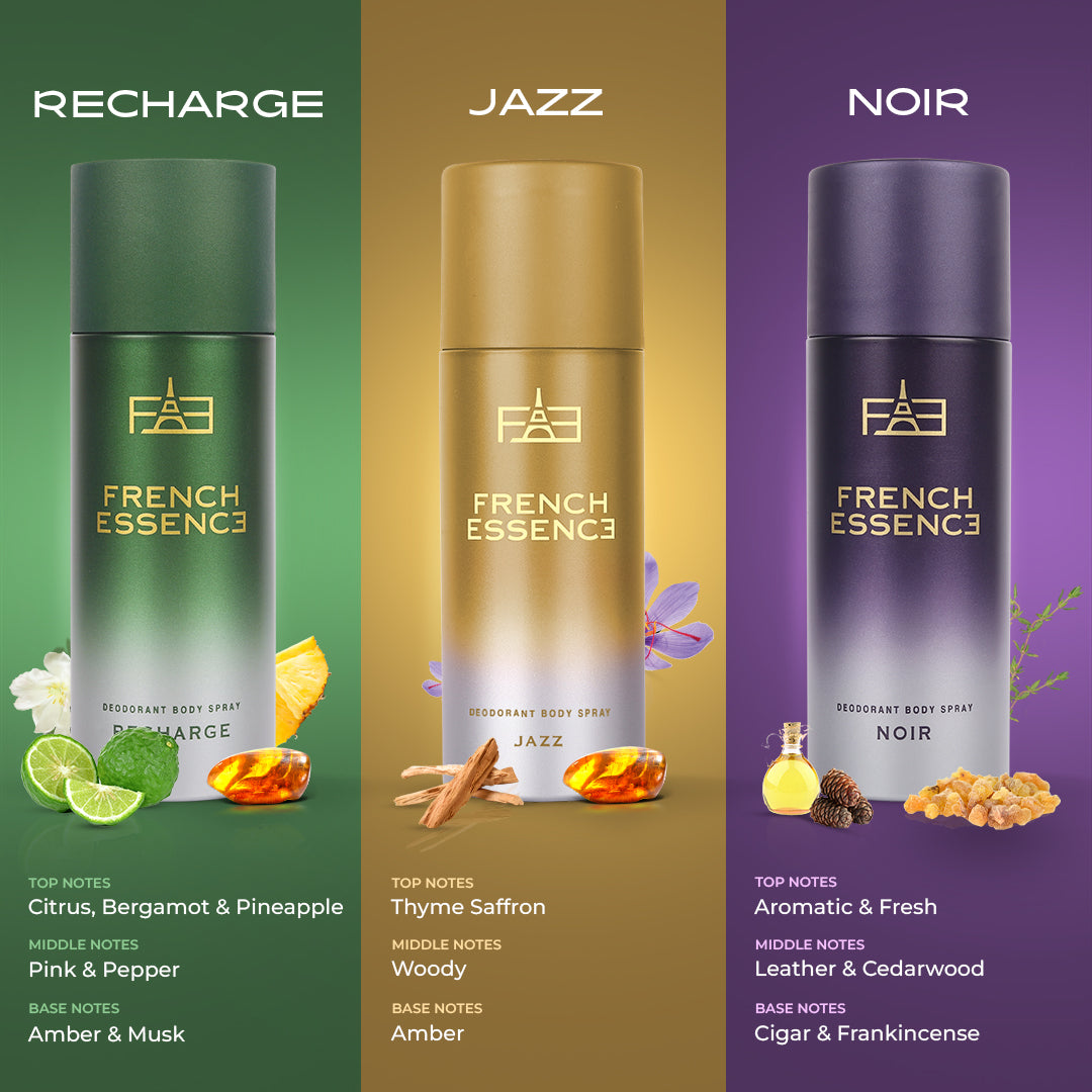 Combi Pack of Jazz, Noir & Recharge Deodorant Spray for Men (50ml Each, Pack of 3)
