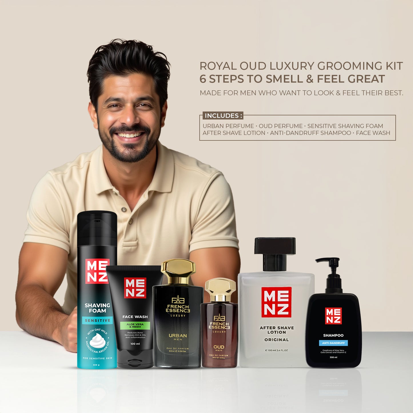Men's Grooming Essentials Combo – Oud Perfume, Face Wash, Shampoo & Shaving Kit (6 in 1)
