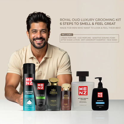 Men's Grooming Essentials Combo – Oud Perfume, Face Wash, Shampoo & Shaving Kit (6 in 1)