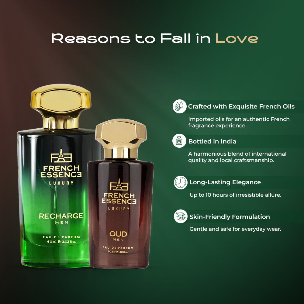 Oud + Recharge Premium Perfume Set for Men 60ml+30ml (Pack of 2)