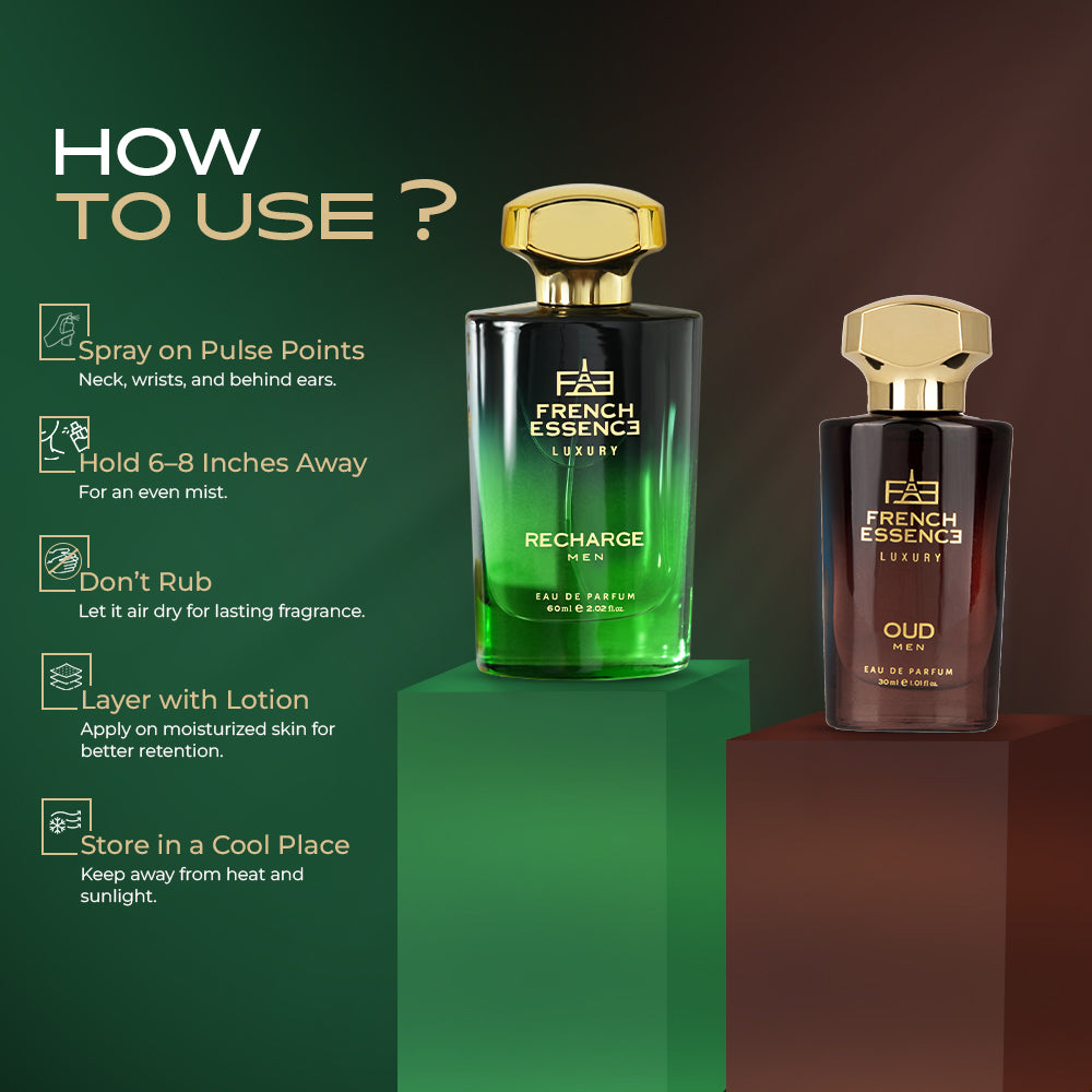Oud + Recharge Premium Perfume Set for Men 60ml+30ml (Pack of 2)