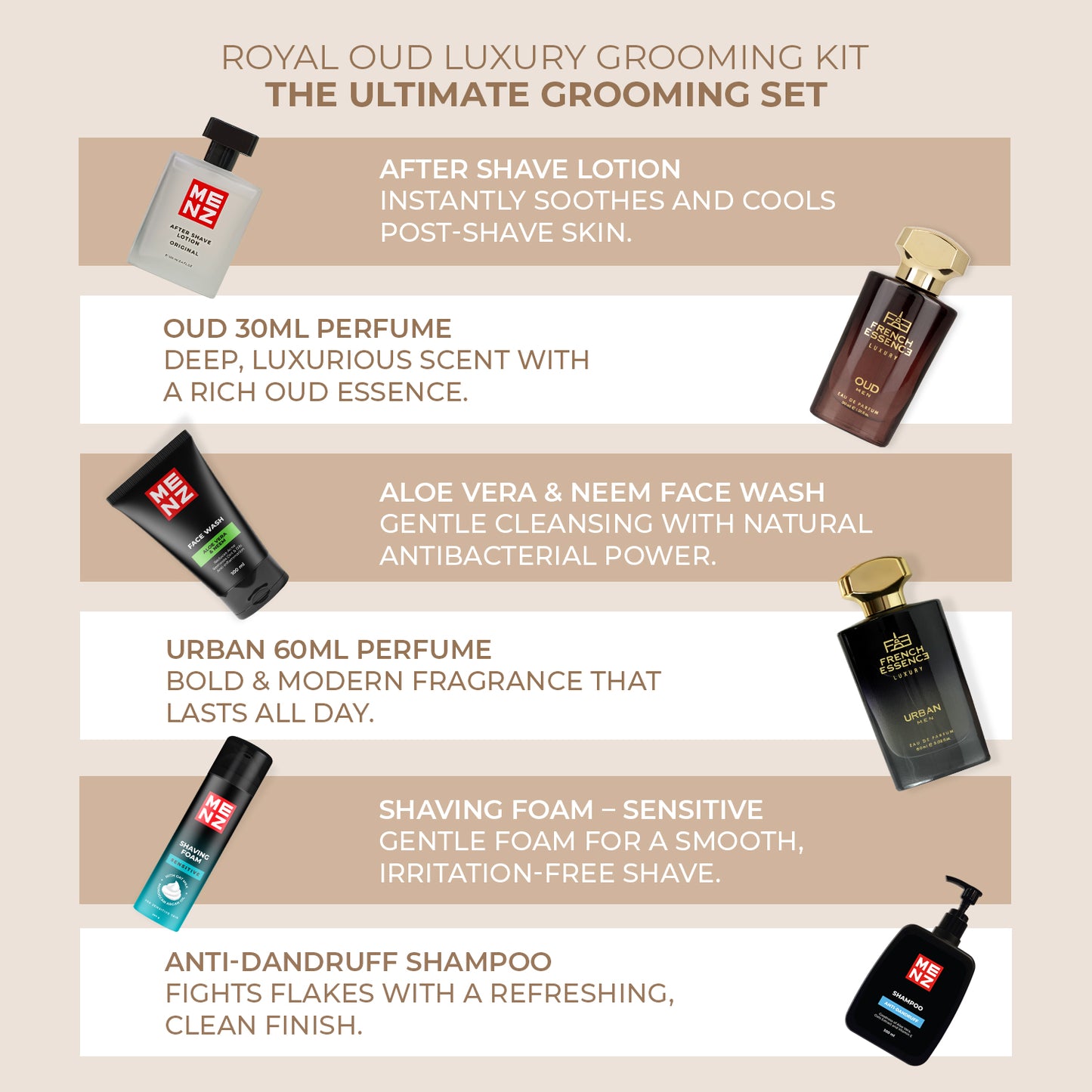 Men's Grooming Essentials Combo – Oud Perfume, Face Wash, Shampoo & Shaving Kit (6 in 1)