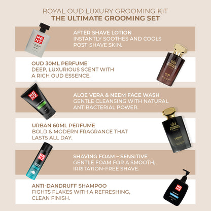 Men's Grooming Essentials Combo – Oud Perfume, Face Wash, Shampoo & Shaving Kit (6 in 1)