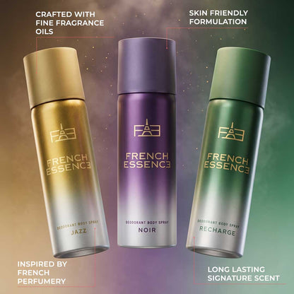 Combo Pack of Jazz, Noir & Recharge Deodorant Spray for Men (50ml Each, Pack of 3)