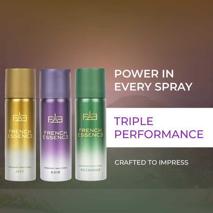 Combo Pack of Jazz, Noir & Recharge Deodorant Spray for Men (50ml Each, Pack of 3)