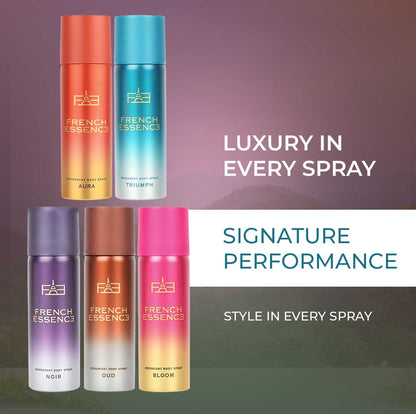 MINI Combo Pack of Bloom, Aura, Oud, Noir & Triumph Deodorant Spray 50ML Each (Pack of 5)