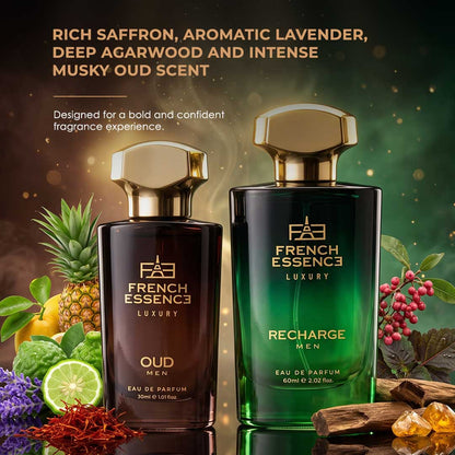 Oud + Recharge Premium Perfume Set for Men 60ml+30ml (Pack of 2)