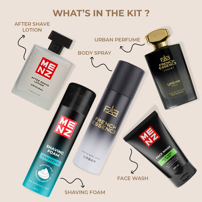 Men’s Urban Grooming Kit – Perfume, Deo, Skincare & Shaving Combo (5 in 1)